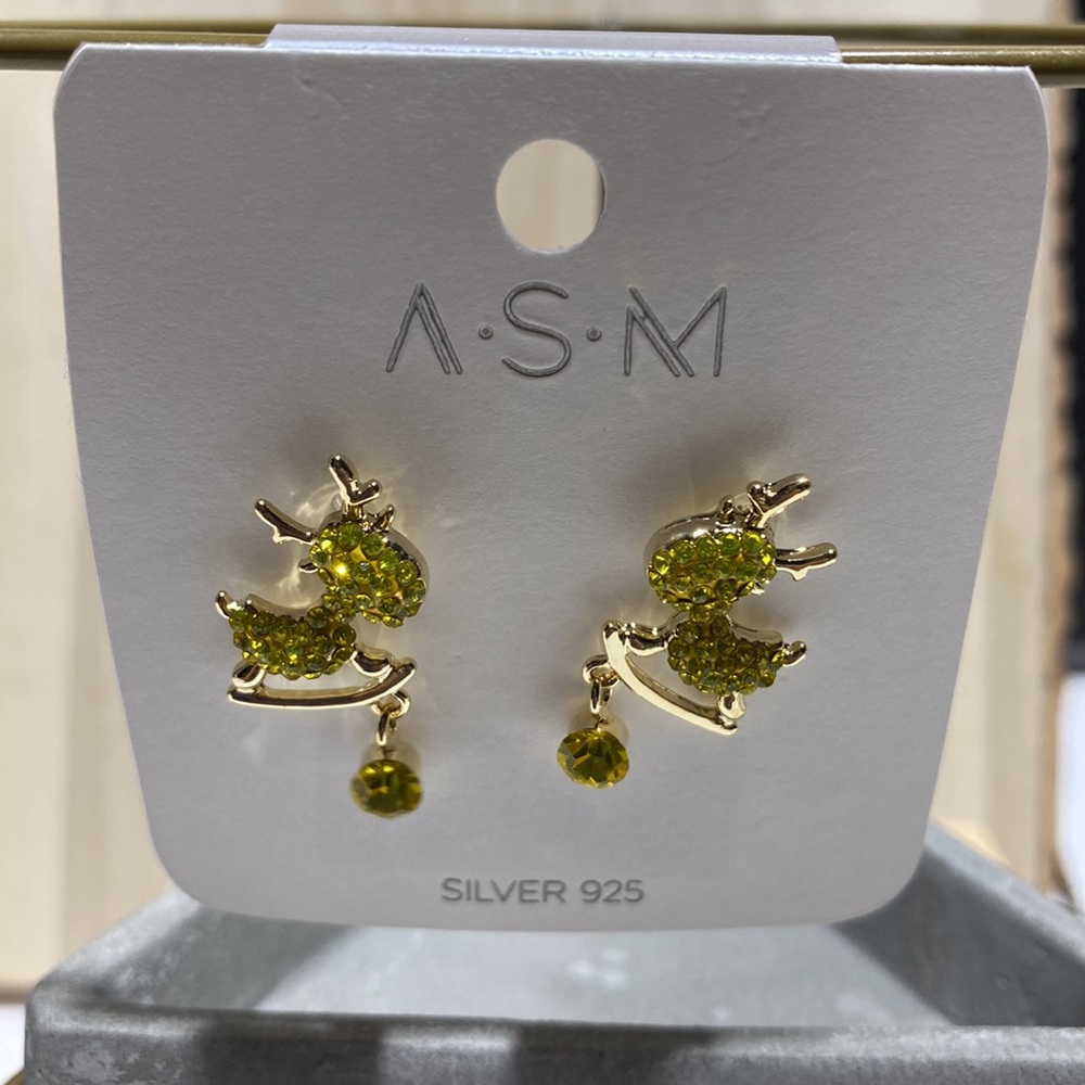 ASM Gold Yellow Reindeer Rhinestone Dangle Earrings New Silver925